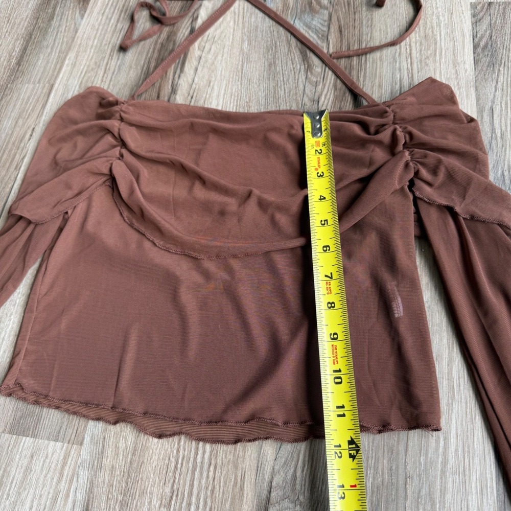 Brown Sheer Mesh Ruched Off Shoulder Long Sleeve Crop Top Halter Tie - Picture 5 of 7